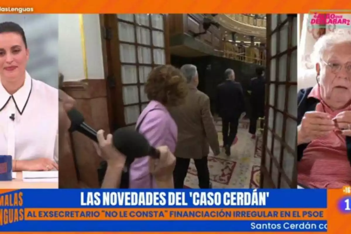 Pantalla dividida d’un programa de Malas Llengües amb Aida Bao a l’esquerra, una escena de persones caminant en un edifici al centre i Ernesto Ekaizer més gran parlant a la dreta, amb una franja blava que informa sobre novetats del cas Cerdán i esmenta finançament irregular al PSOE. Pantalla dividida d’un programa de Malas Llengües amb Aida Bao a l’esquerra, una escena de persones caminant en un edifici al centre i Ernesto Ekaizer més gran parlant a la dreta, amb una franja blava que informa sobre novetats del cas Cerdán i esmenta finançament irregular al PSOE.