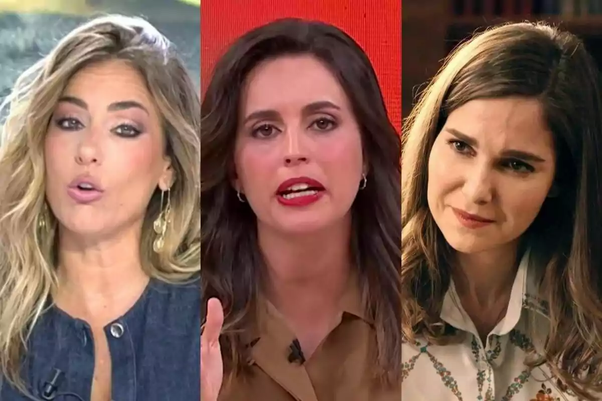 Tres mujeres con expresiones serias y fondos diferentes aparecen en una imagen dividida en tres secciones: Verónica Dulanto en Tardear, Aida Bao en Malas Lenguas y Natalia Sánchez en Sueños de Libertad.