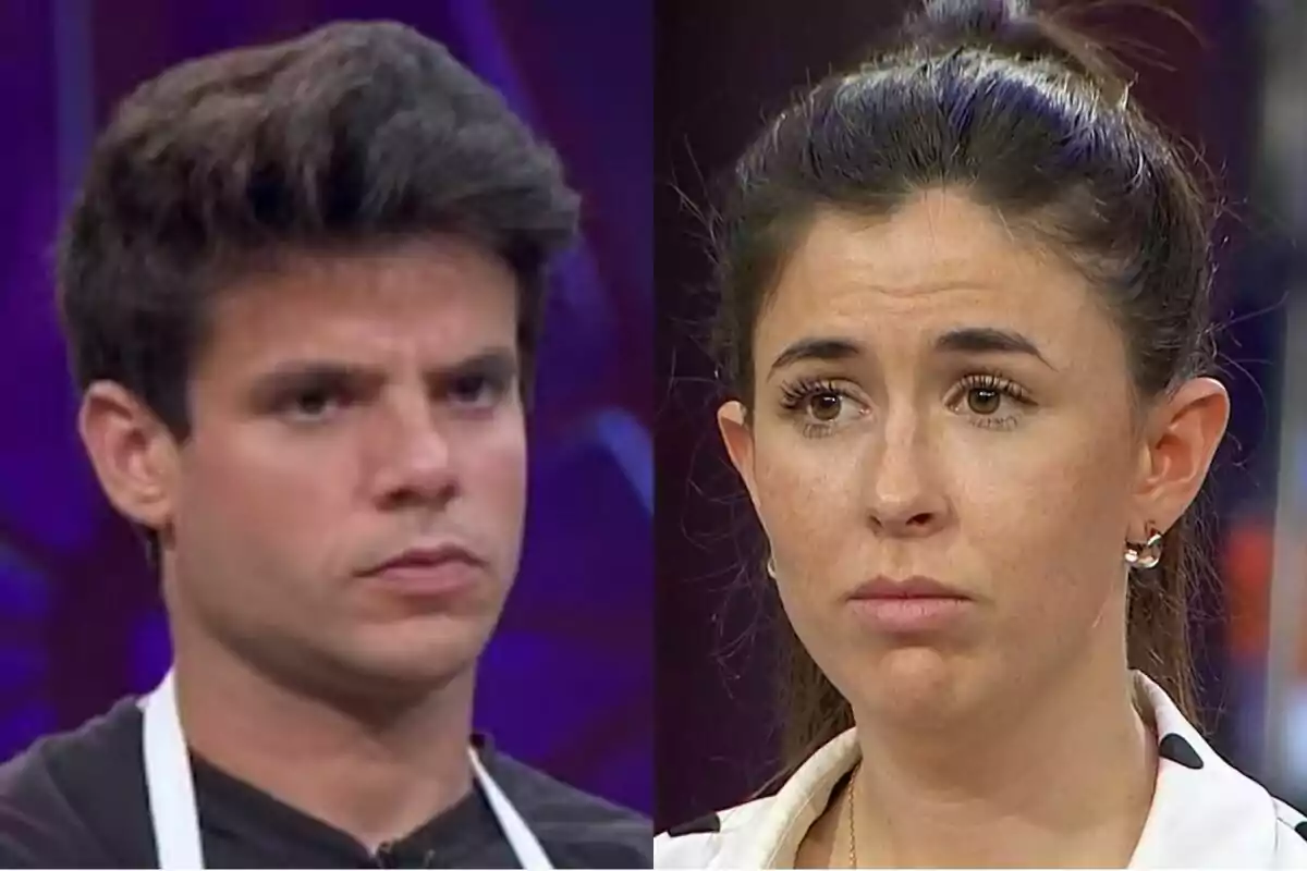 Alberto Gras i Ofelia amb expressions serioses i preocupades en un entorn de competència televisiva de MasterChef
