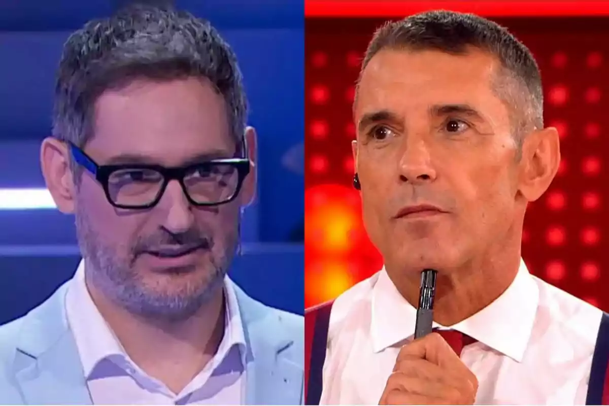 Dos hombres en primer plano, Eugeni Alemany con gafas y barba en un fondo azul de Agárrate al sillón y Jesús Vázquez con el cabello corto sosteniendo una pluma en el mentón sobre un fondo rojo en ¡Allá Tú!.