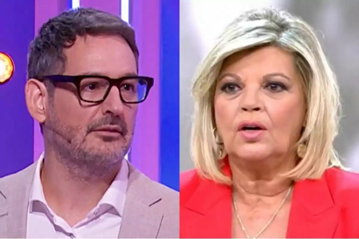 Eugeni Alemany amb ulleres i barba a Agafa’t al sofà al costat de Terelu Campos rossa amb jaqueta vermella a Festa.