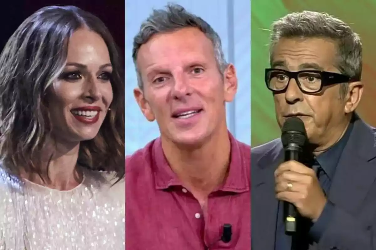 Tres persones en primer pla, Eva González dona amb cabell ondulat a La Voz Kids i dos homes, Joaquín Prat amb camisa vermella a Vamos a ver i Andreu Buenafuente amb ulleres i micròfon a Futuro Imperfecto.