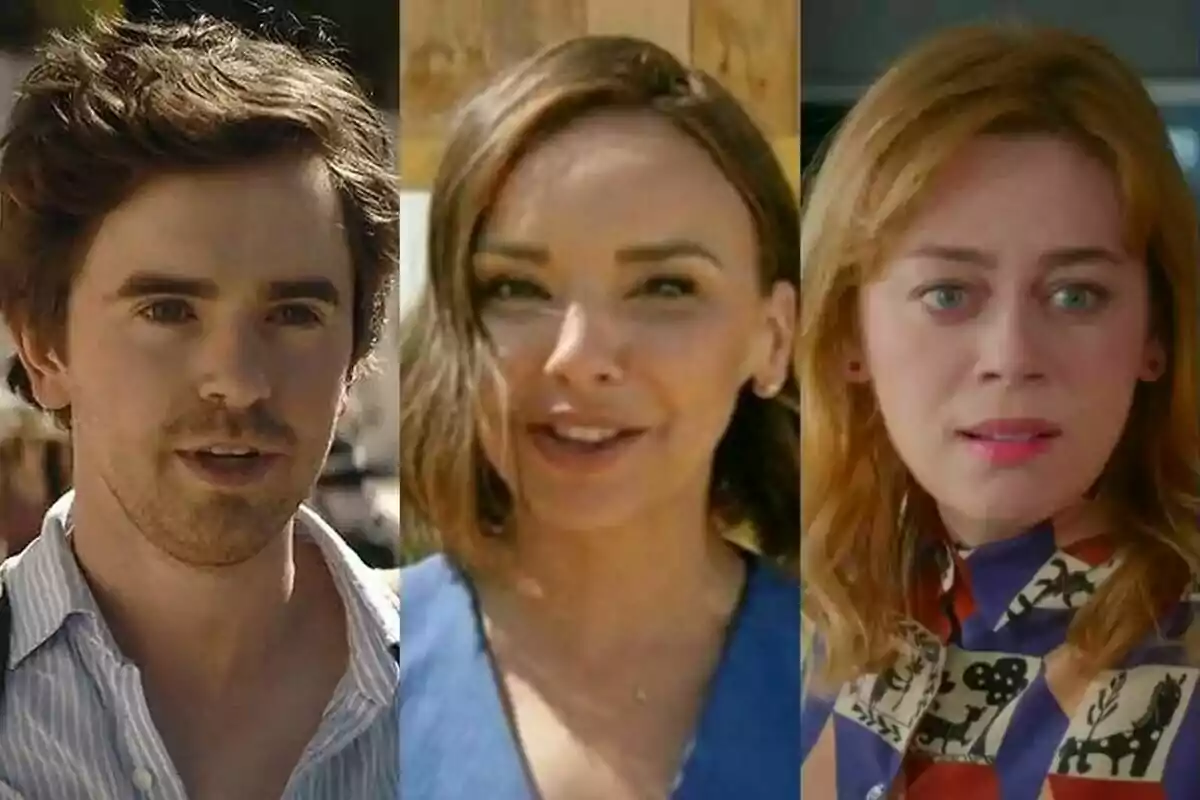 Tres personas aparecen en primer plano, cada una en una sección diferente de la imagen, mostrando distintas expresiones faciales: Freddie Highmore en Asesina a sueldo, Chenoa en Dog House y Bahar en Renacer.
