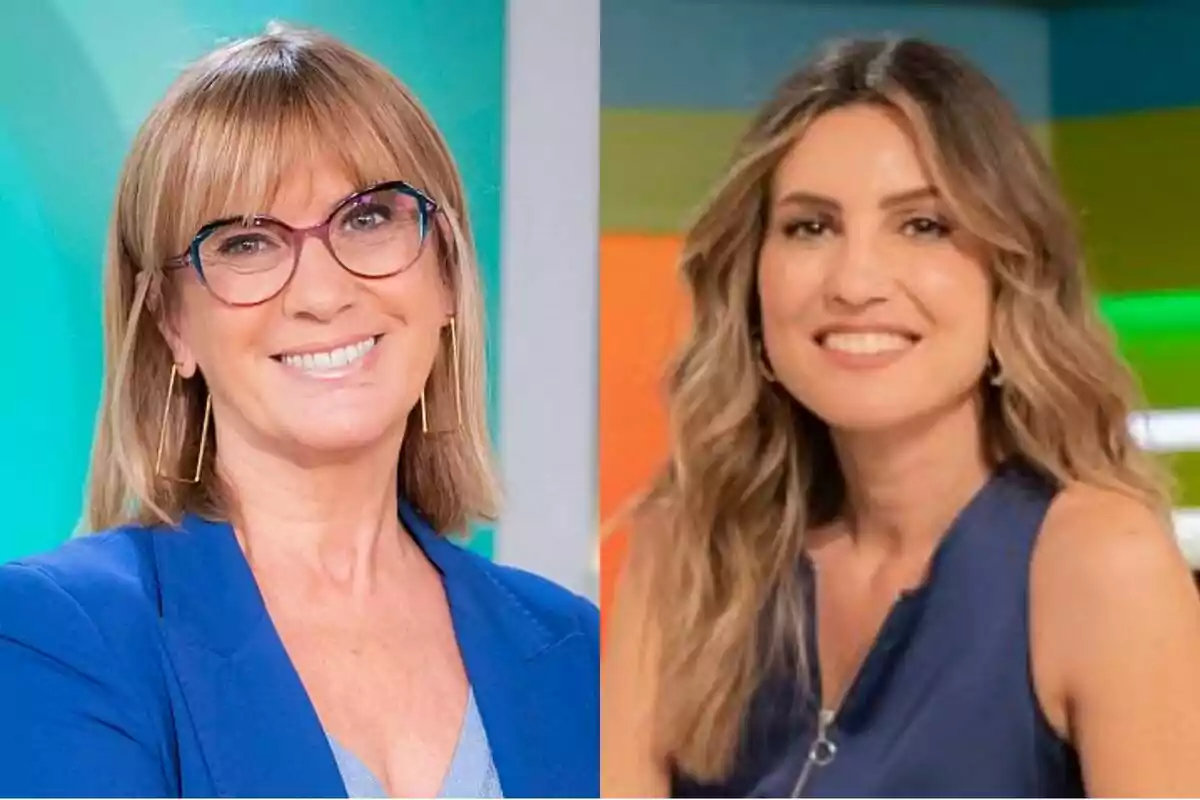 Gemma Nierga en Café d'idees y Danae Boronat en L'altaveu, ambs sonrientes, posan en un estudio de televisión con fondos coloridos