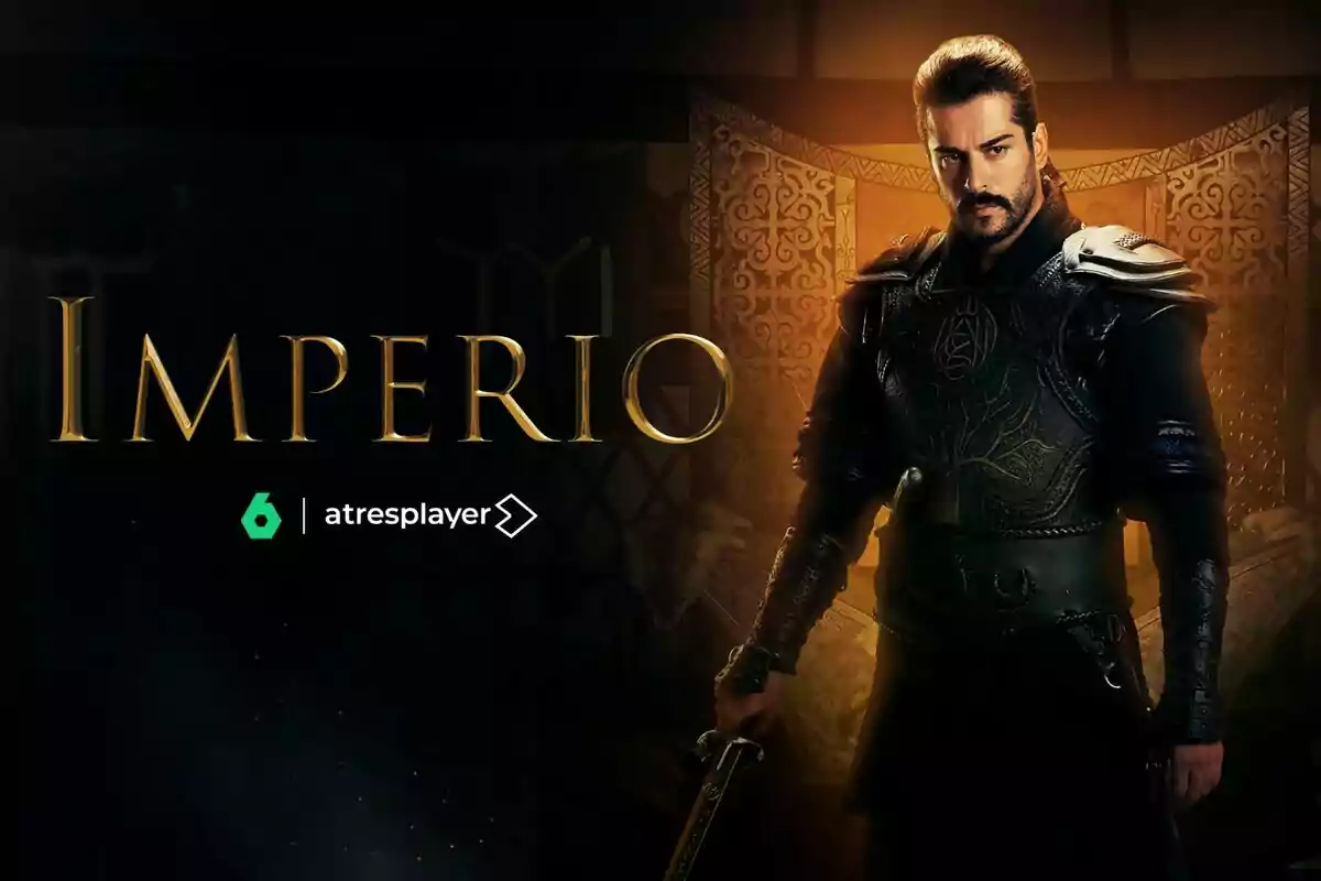 Hombre con armadura oscura de pie junto a la palabra Imperio en letras doradas sobre fondo oscuro con decoración medieval