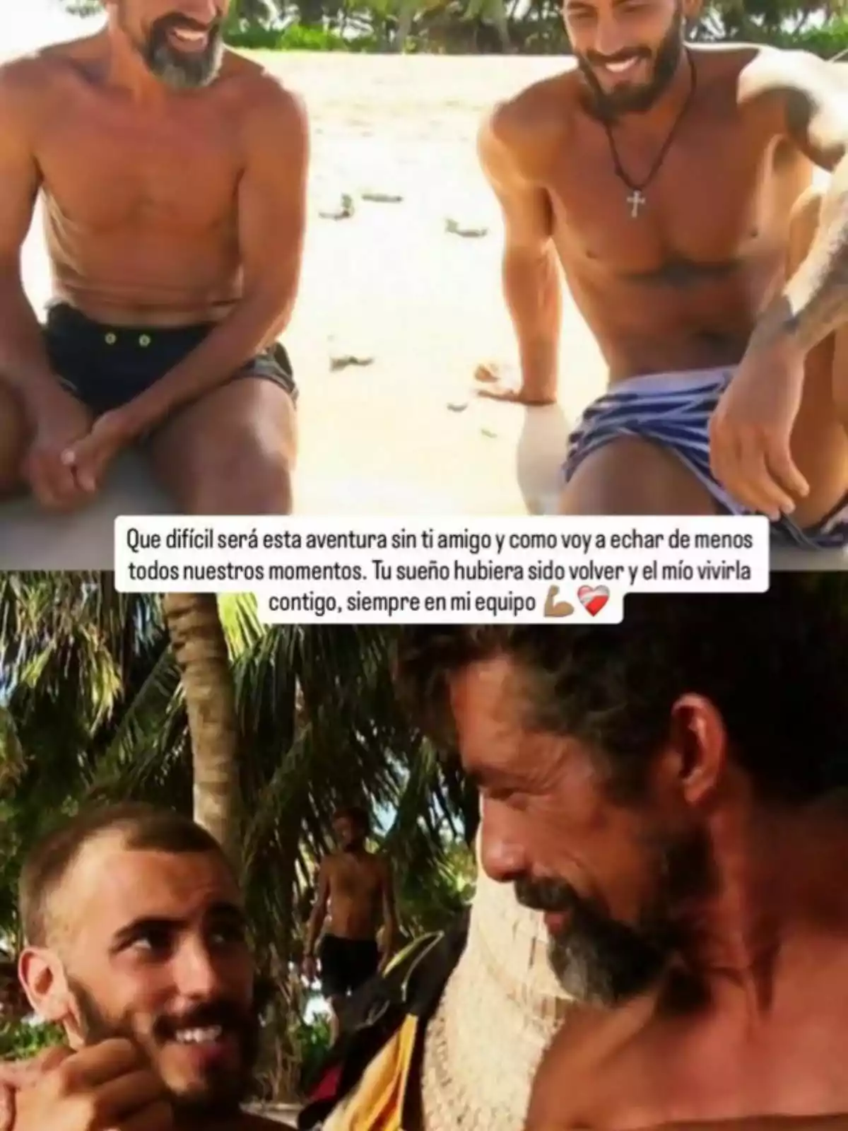Iván González i José Luis Losa, somrients i sense samarreta, estan asseguts a la platja, envoltats de palmeres, compartint un moment d’amistat i complicitat a Supervivientes. Iván González i José Luis Losa, somrients i sense samarreta, estan asseguts a la platja, envoltats de palmeres, compartint un moment d’amistat i complicitat a Supervivientes.