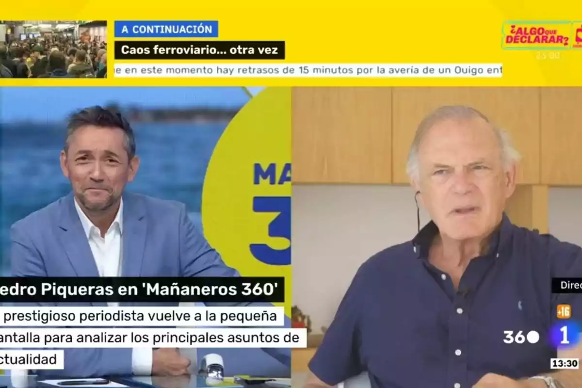 Javier Ruiz i Pedro Piqueras conversen a Mañaneros dividits en dues pantalles, un en un estudi amb fons blau i l’altre en una cuina, amb gràfics informatius i titulars a la part superior i inferior de la imatge. Javier Ruiz i Pedro Piqueras conversen a Mañaneros dividits en dues pantalles, un en un estudi amb fons blau i l’altre en una cuina, amb gràfics informatius i titulars a la part superior i inferior de la imatge.