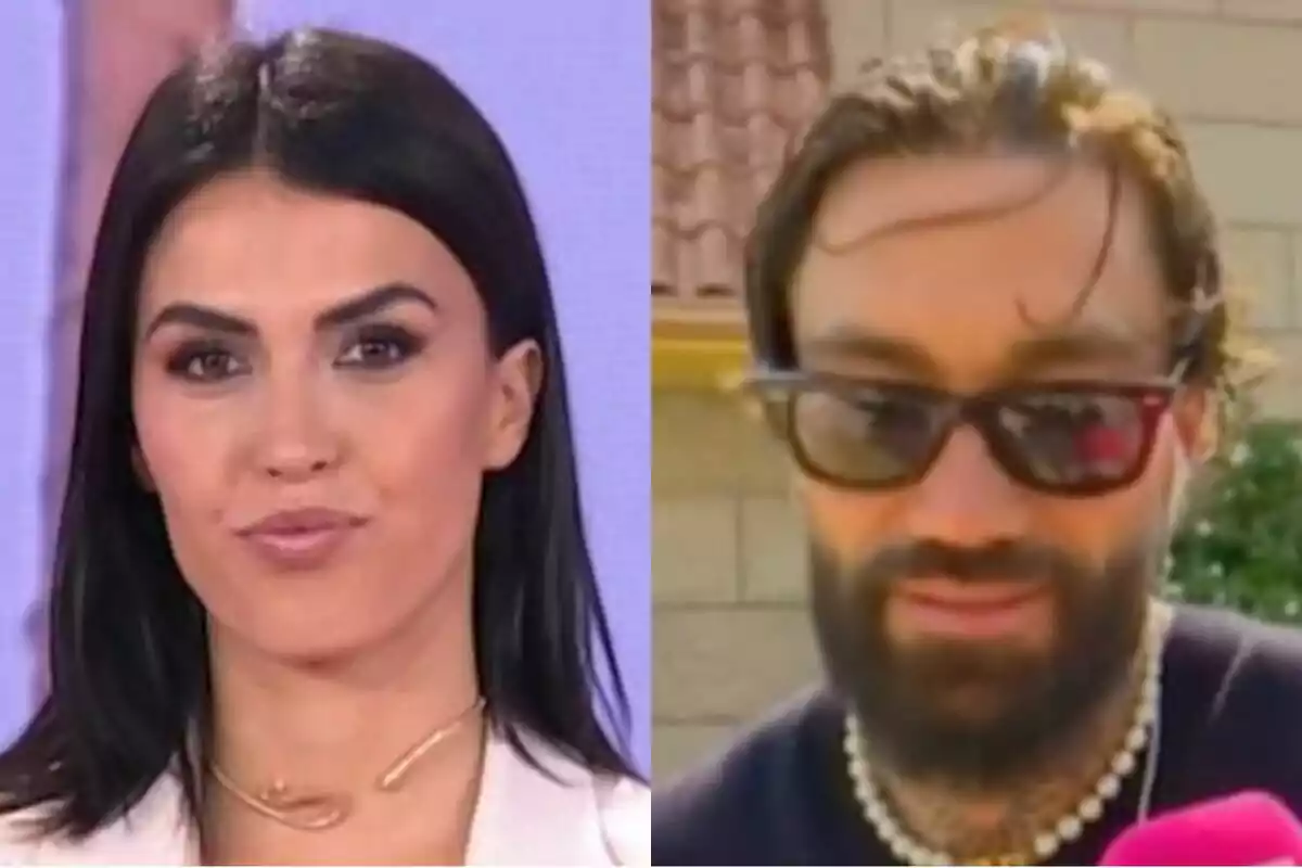 Dos personas aparecen en una imagen dividida, Sofía Suescun de cabello oscuro y liso en Socialité a la izquierda y Juan Faro con barba, gafas de sol y collar de perlas en Fiesta a la derecha.