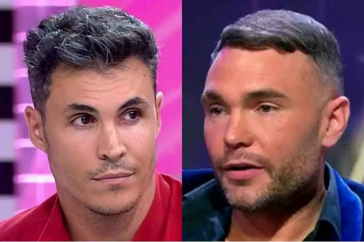 Dos homes de cabell curt i barba lleugera apareixen en primer pla, cadascun en un entorn d’estudi de televisió diferent: Kiko Jiménez a Fiesta i Cristian Suescun a De Divendres.
