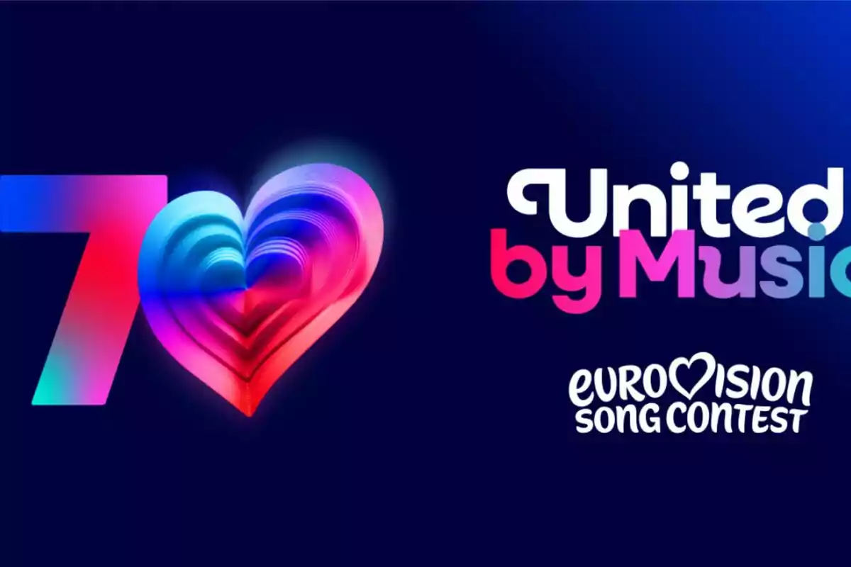 Logotip colorit del 70è aniversari d’Eurovisió amb un cor i el lema United by Music sobre fons blau fosc Logotip colorit del 70è aniversari d’Eurovisió amb un cor i el lema United by Music sobre fons blau fosc
