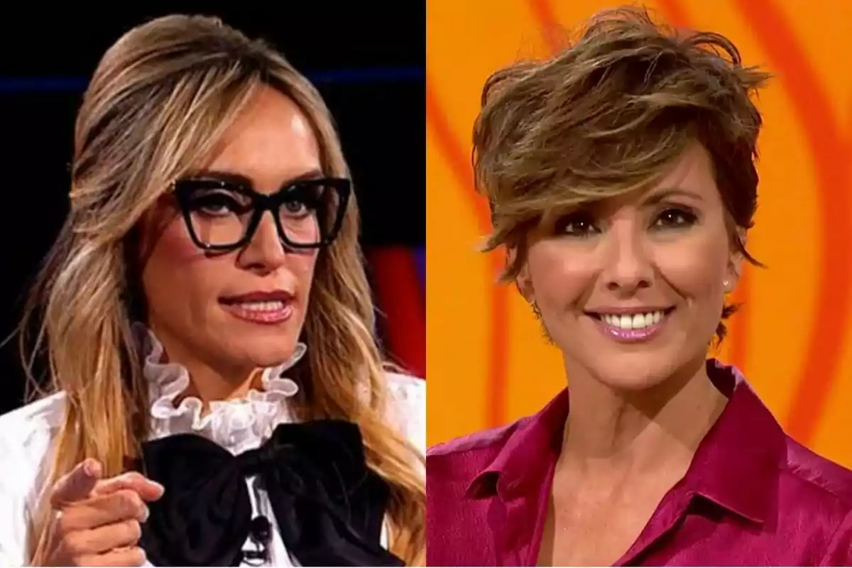 Dos mujeres posan en un montaje de dos imágenes, Luján Argüelles lleva gafas grandes y blusa blanca con moño negro en El rival más débil, Sonsoles Ónega tiene el cabello corto y viste una blusa fucsia en Y ahora Sonsoles, ambas sonríen frente a cámaras.