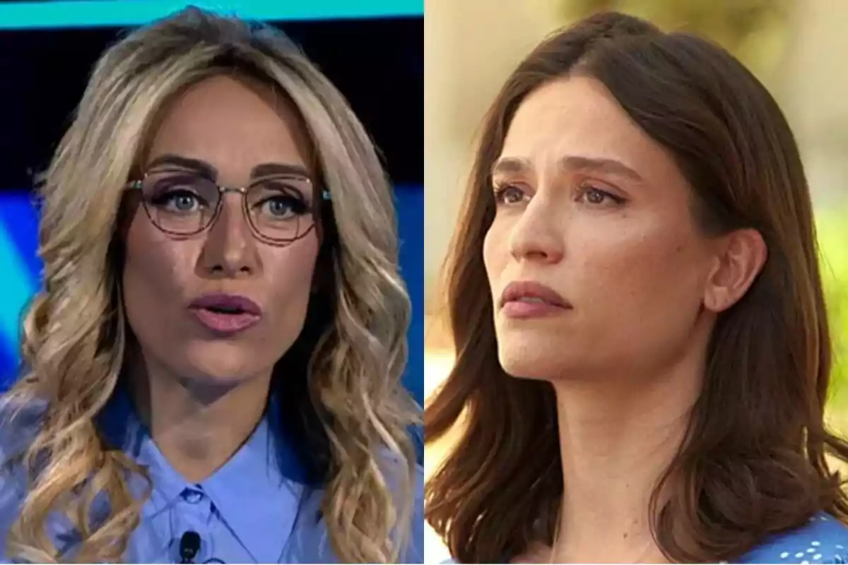 Dos mujeres aparecen en la imagen, Luján Argüelles con gafas y cabello rubio rizado en El rival más débil en un entorno de estudio, y Astrid Janer con cabello castaño lacio en un ambiente exterior en La Encrucijada, ambas con expresiones serias.