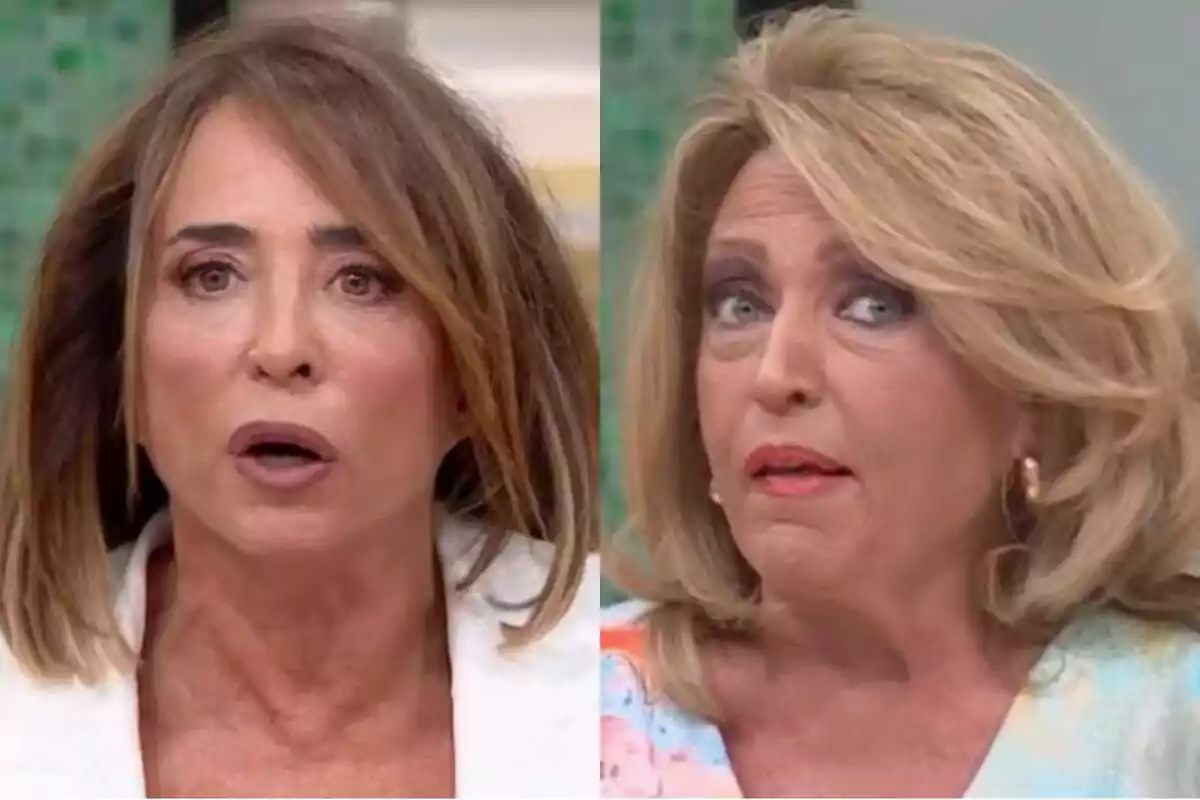 María Patiño i Lydia Lozano de mitjana edat amb expressions de sorpresa i desconcert a La família de la tele.