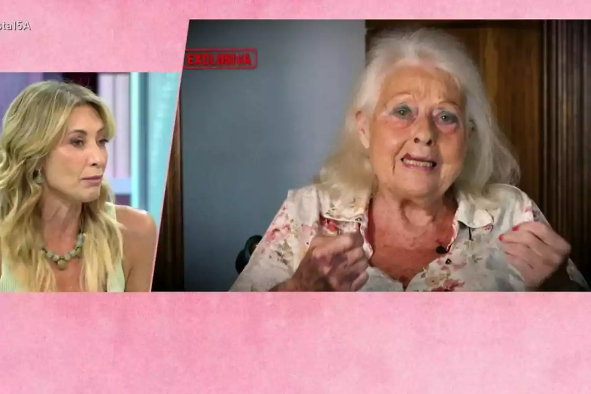 Dos mujeres conversando en Fiesta, Mónica Pont aparece en un recuadro a la izquierda y su madre en el centro, ambas con expresiones serias.