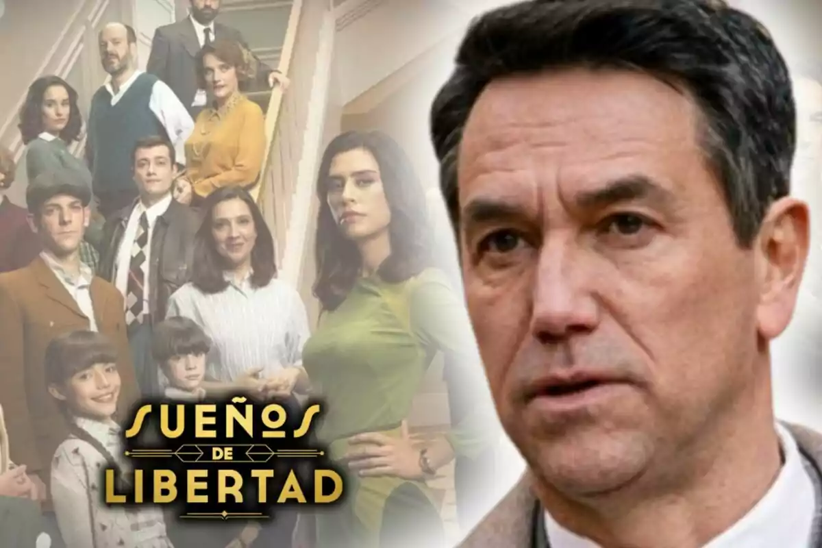 Grupo de personas en una escalera con el título 'Sueños de Libertad' y el rostro de un hombre en primer plano, que es el actor Oriol Tarrasón.