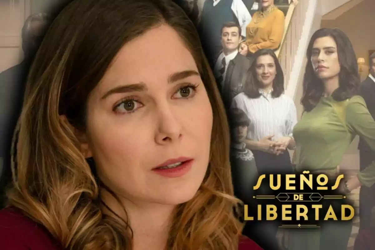 Primer plano de Natalia Sánchez con expresión seria y al fondo un grupo de personas junto al logo de 'Sueños de Libertad'.
