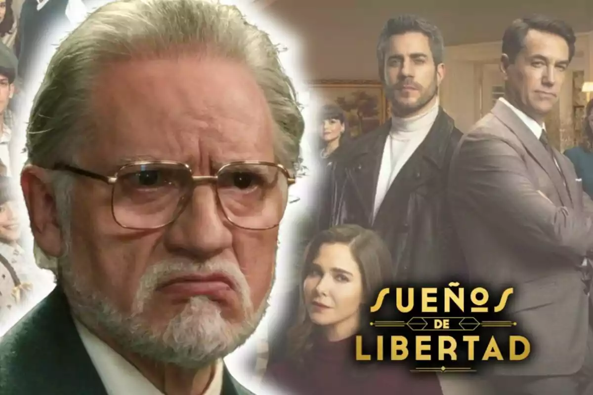 Montaje de fotos de Nancho Novo con expresión seria aparece en primer plano mientras al fondo se ven varios personajes y el título 'Sueños de Libertad'.