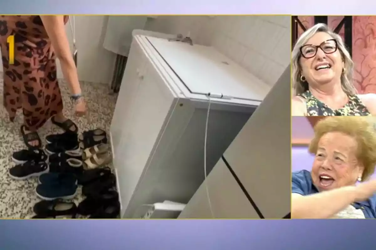 Una mujer señala varios pares de zapatos en el suelo junto a un congelador mientras dos mujeres sonríen en recuadros a la derecha en El diario de Jorge. Una mujer señala varios pares de zapatos en el suelo junto a un congelador mientras dos mujeres sonríen en recuadros a la derecha en El diario de Jorge.