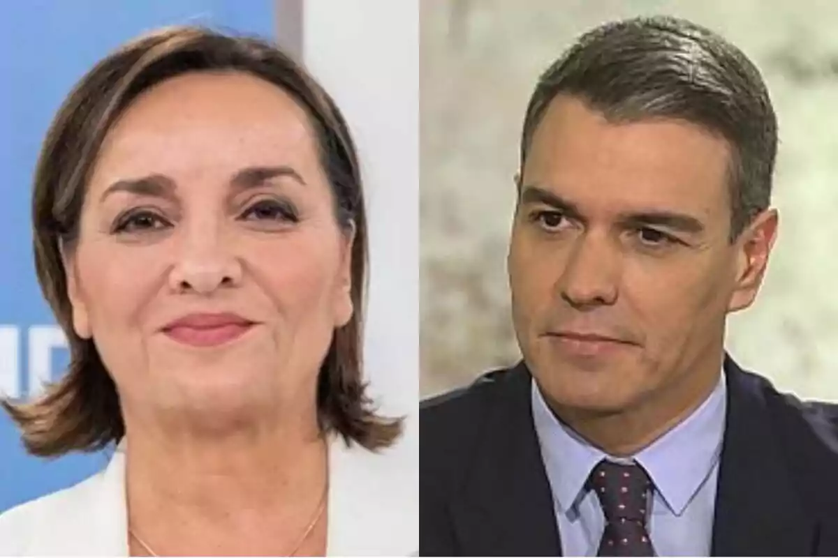 Dues persones posant en primer pla, Pepa Bueno al Telediari a l'esquerra i Pedro Sánchez a la dreta, tots dos amb expressió seriosa