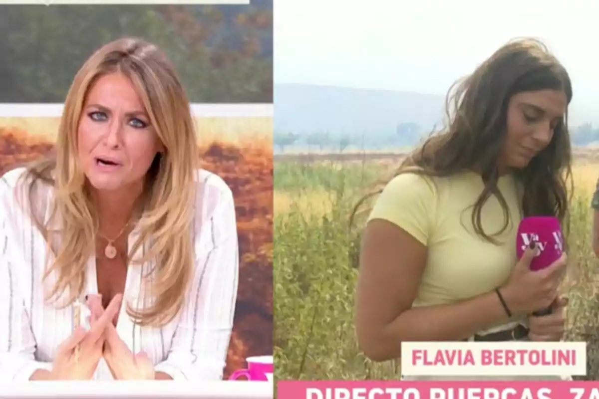 Dos mujeres aparecen en una transmisión televisiva, Pepa Romero en un estudio de YAS Verano (Y ahora Sonsoles) con fondo desenfocado y otra en exteriores sosteniendo un micrófono rosa