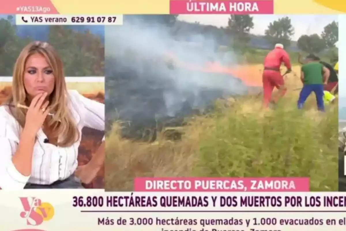 Pepa Romero observa pensativa mientras en pantalla dividida se muestra un incendio forestal con personas intentando apagar el fuego y un titular informa sobre miles de hectáreas quemadas y dos fallecidos en Zamora en YAS Verano (Y ahora Sonsoles) Pepa Romero observa pensativa mientras en pantalla dividida se muestra un incendio forestal con personas intentando apagar el fuego y un titular informa sobre miles de hectáreas quemadas y dos fallecidos en Zamora en YAS Verano (Y ahora Sonsoles)