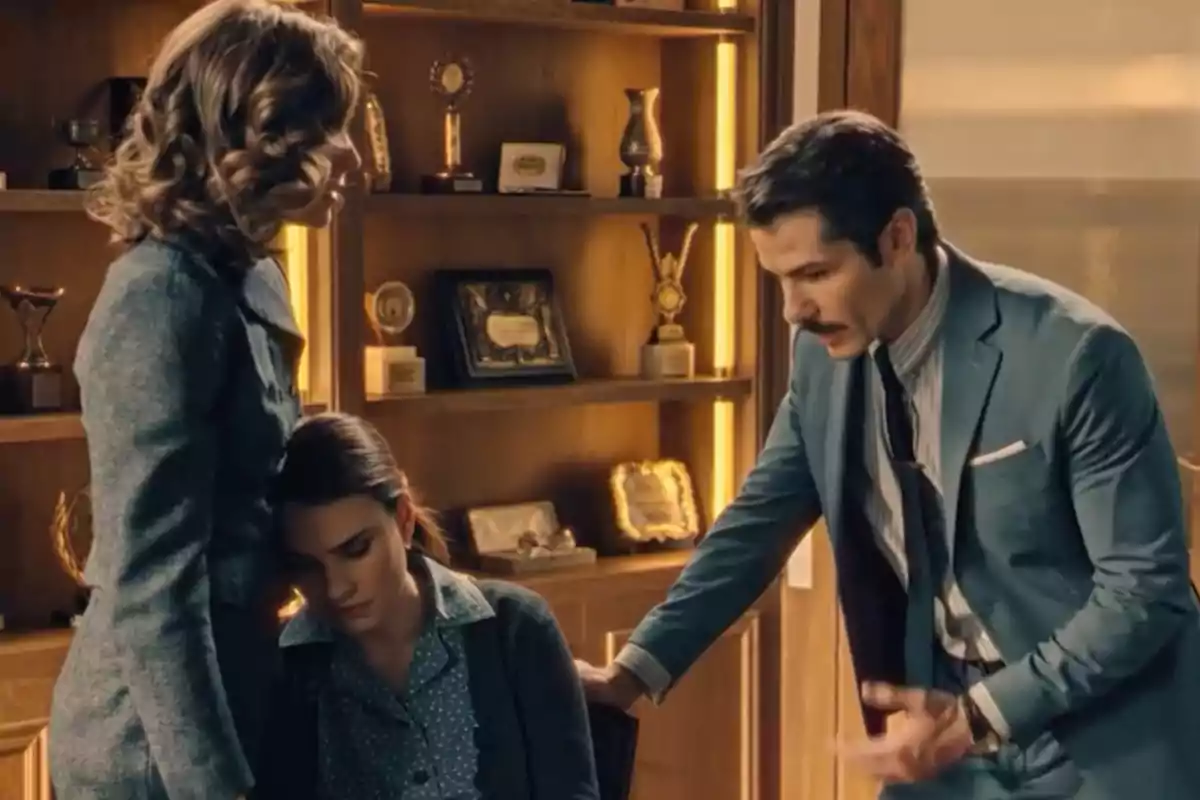 Marta, Fina y Pelayo en una oficina elegante, una mujer sentada con expresión triste, otra mujer de pie a su lado y un hombre de traje hablando con gesto preocupado, al fondo hay estanterías con trofeos y placas. Captura de 'Sueños de libertad' Marta, Fina y Pelayo en una oficina elegante, una mujer sentada con expresión triste, otra mujer de pie a su lado y un hombre de traje hablando con gesto preocupado, al fondo hay estanterías con trofeos y placas. Captura de 'Sueños de libertad'