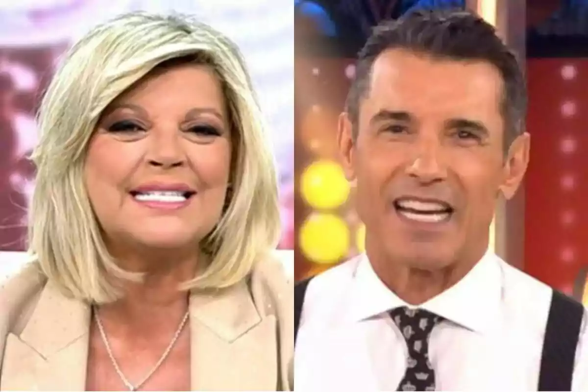 Dues persones somrients en primer pla, Terelu Campos rossa amb jaqueta beix a Fiesta a l’esquerra i Jesús Vázquez de cabell fosc amb camisa blanca i corbata a Allà Tu a la dreta, tots dos en un entorn d’estudi de televisió.