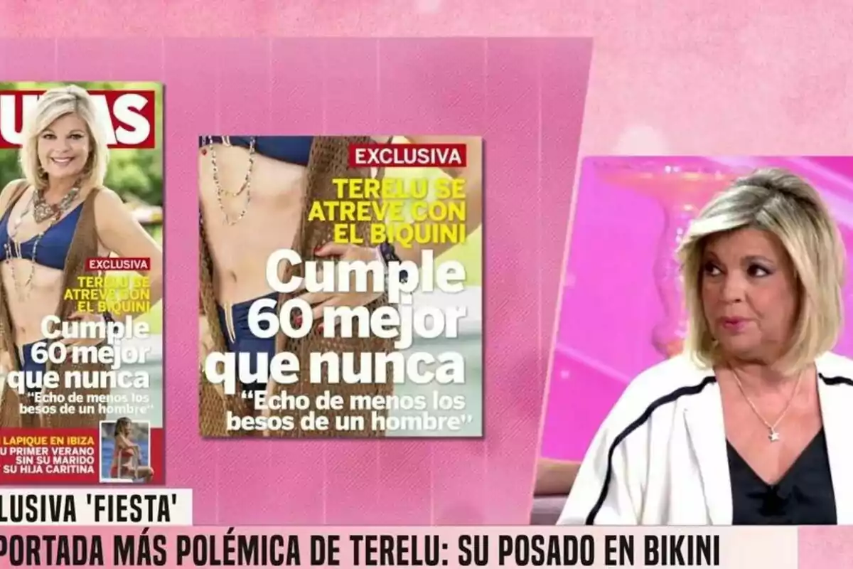 Terelu Campos rossa apareix en un programa de Festa al costat de la imatge d’una portada de revista on posa en biquini celebrant els seus 60 anys. Terelu Campos rossa apareix en un programa de Festa al costat de la imatge d’una portada de revista on posa en biquini celebrant els seus 60 anys.