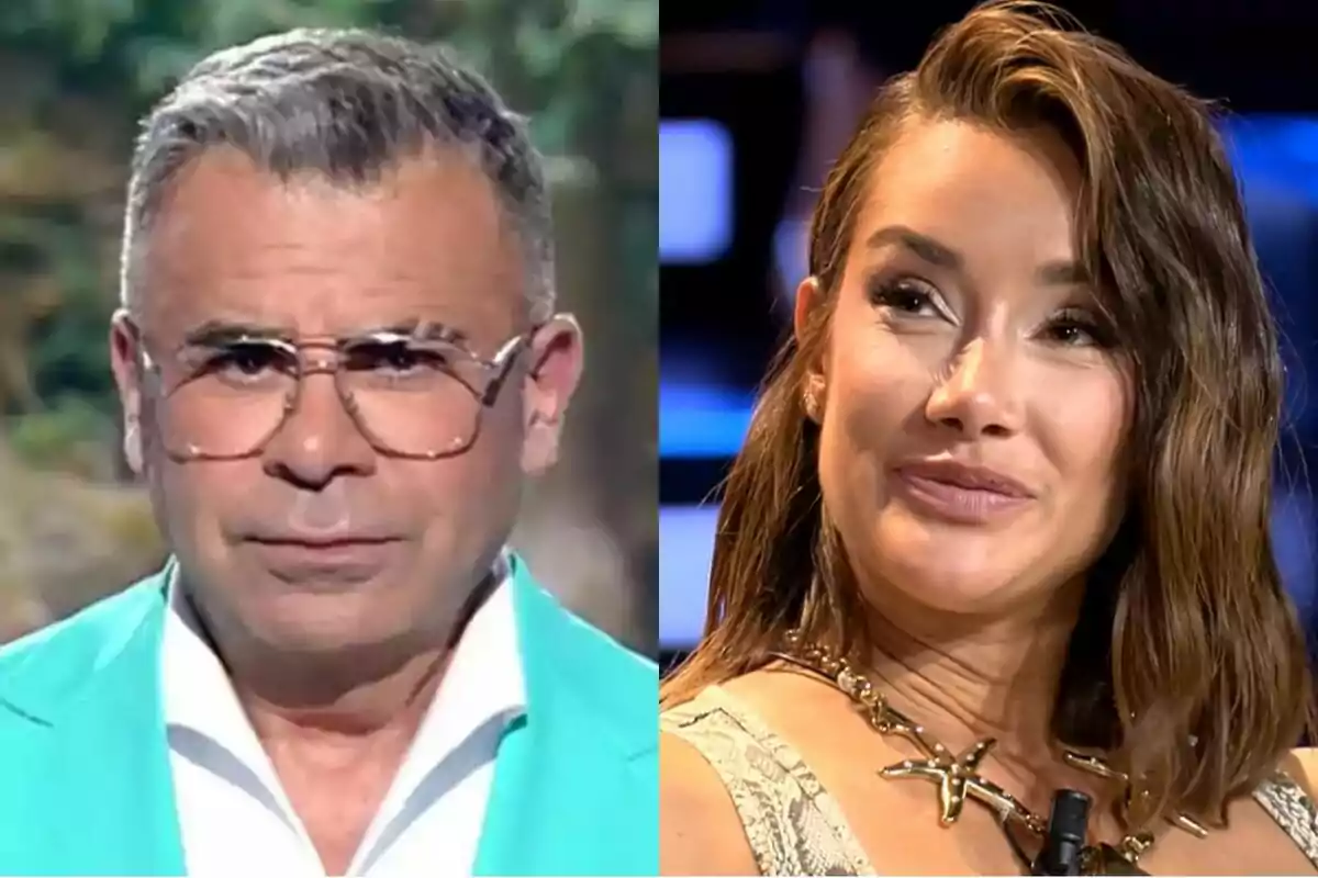 Dos personas en primer plano, Jorge Javier Vázquez con gafas y chaqueta turquesa a la izquierda y Adara Molinero con collar dorado y cabello suelto a la derecha