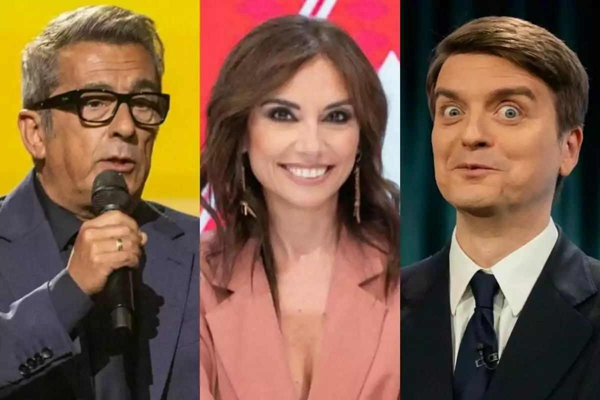 Tres persones posen en primer pla, Andreu Buenafuente de cabell canós amb ulleres i micròfon a Futur Imperfecte, Marta Flich de cabell castany somrient a Directe al gra i Marc Giró de cabell curt amb expressió sorpresa a Late Xou, cadascun amb un fons de color diferent.