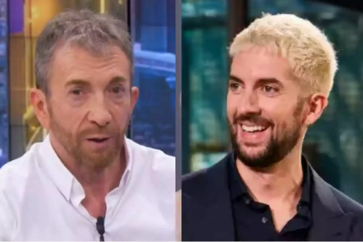 A la imatge apareixen dos homes, Pablo Motos amb cabell curt i canós vestint camisa blanca a El Hormiguero i David Broncano amb cabell ros platí i barba fosca vestint jaqueta fosca a La Revuelta, tots dos en un entorn d’estudi de televisió.