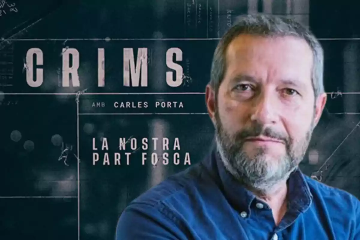 Carles Porta con camisa azul aparece frente a un fondo oscuro con texto que dice "CRIMS" y "LA NOSTRA PART FOSCA".