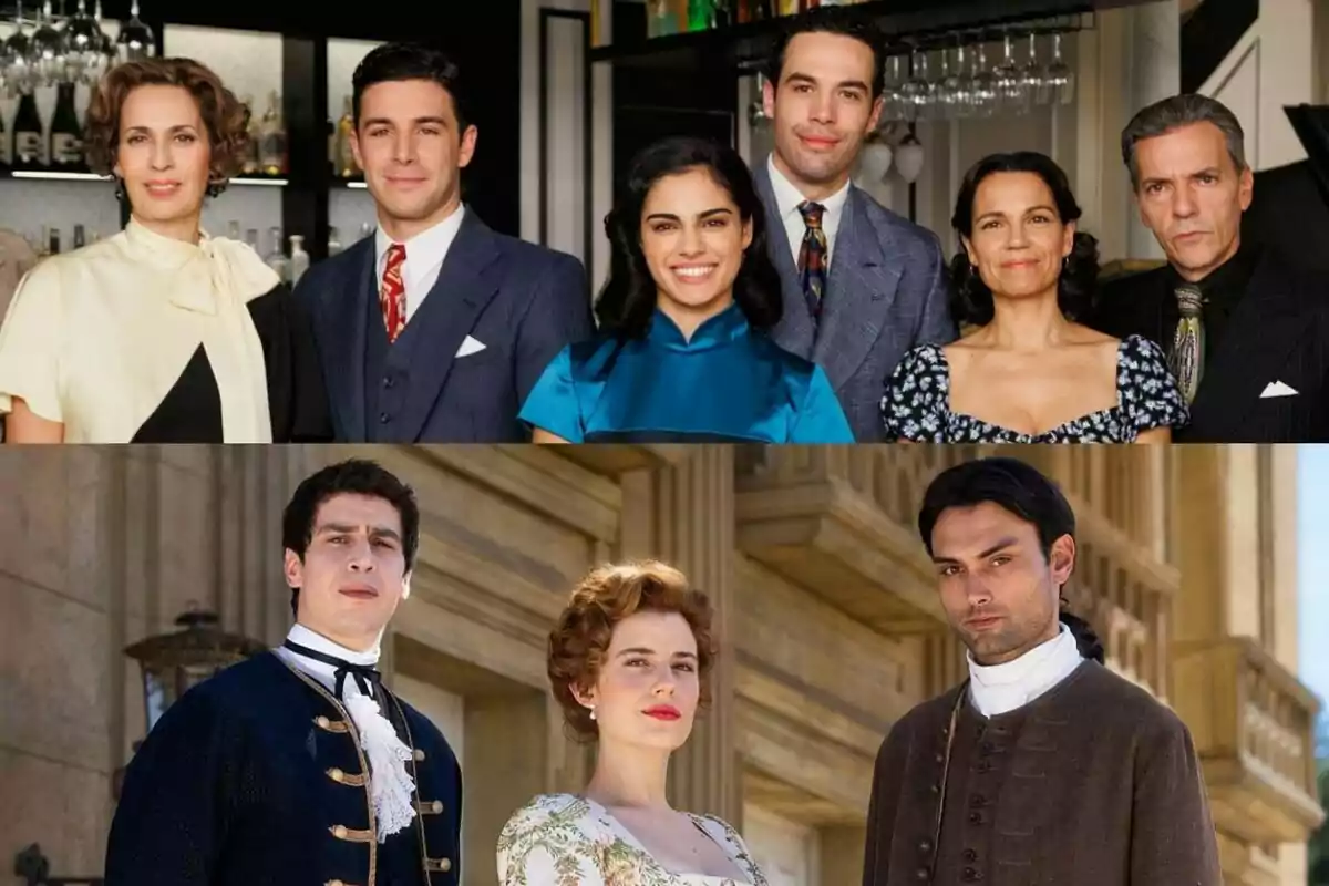 Un grup d'actors de La Moderna com Lola Marceli, Pepe Nufrio, Miguel Hermoso, Clara Alvarado o Jesús Mosquera i Valle Salvaje com Rocío Suárez de Puga posant en dos escenaris diferents, un de modern i un altre d'època. Un grup d'actors de La Moderna com Lola Marceli, Pepe Nufrio, Miguel Hermoso, Clara Alvarado o Jesús Mosquera i Valle Salvaje com Rocío Suárez de Puga posant en dos escenaris diferents, un de modern i un altre d'època.