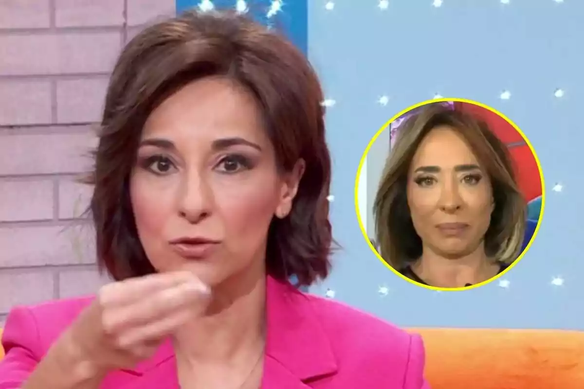 Adela González con chaqueta rosa gesticula con la mano mientras habla en Mañaneros, con un recuadro que muestra a María Patiño.