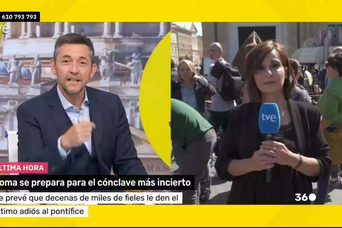 Presentadores de televisión de Mañaneros informan sobre un evento en Roma, Javier Ruiz en un estudio y Adela González en exteriores sosteniendo un micrófono de TVE, mientras personas caminan al fondo. Presentadores de televisión de Mañaneros informan sobre un evento en Roma, Javier Ruiz en un estudio y Adela González en exteriores sosteniendo un micrófono de TVE, mientras personas caminan al fondo.