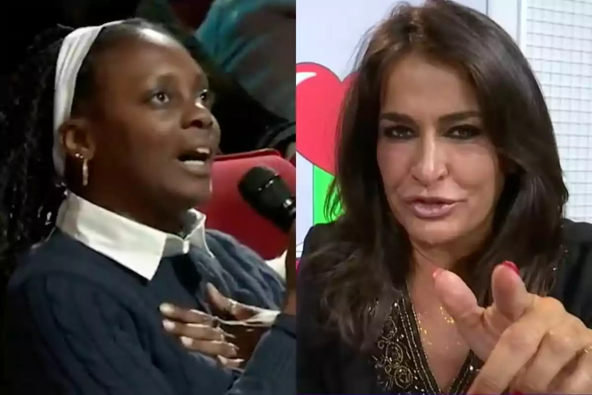 Carla Pinto de 'GH 5' con micrófono en un auditorio y Aída Nízar señalando hacia la cámara en 'Ni que fuéramos'