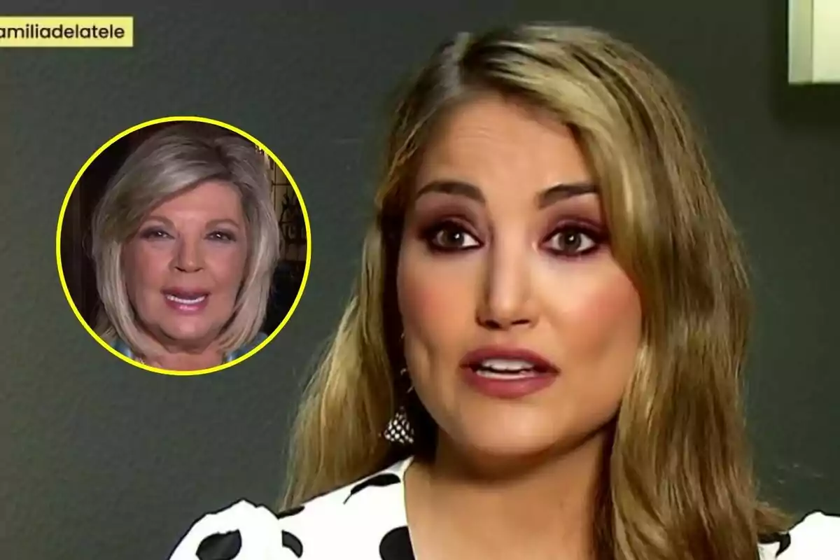 Alba Carrillo de cabello rubio y maquillaje destacado habla frente a la cámara de La Familia de la Tele, mientras en un recuadro circular aparece Terelu Campos de cabello claro.