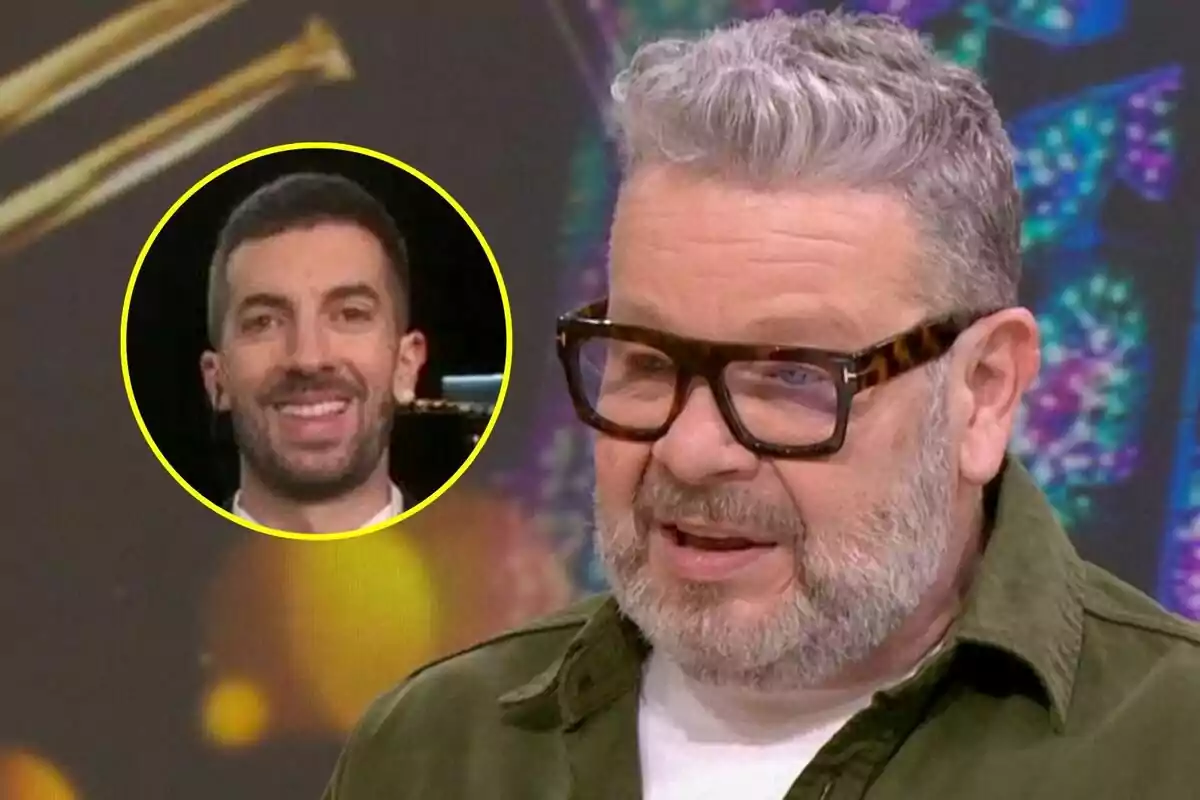 Alberto Chicote con gafas y barba gris está hablando, mientras que en un círculo amarillo se muestra a David Broncano sonriendo.