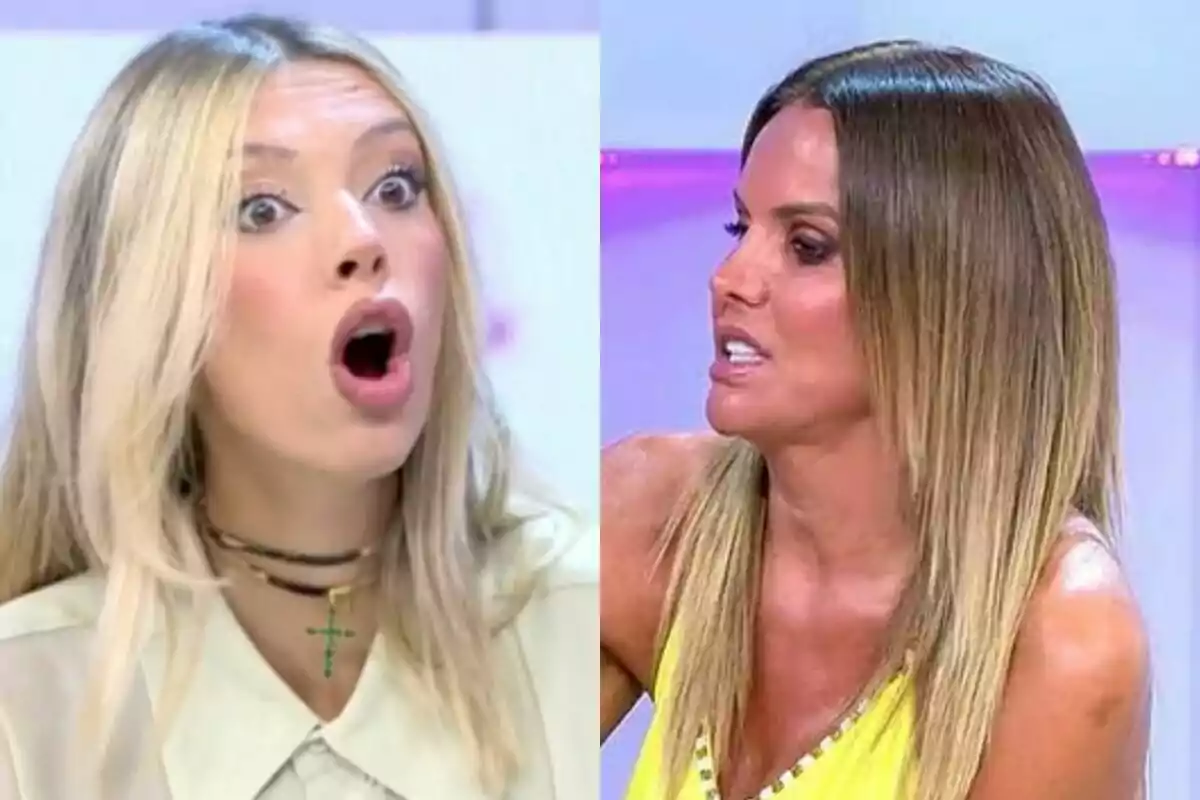 Alejandra Rubio y Marta López con expresiones faciales intensas, una con la boca abierta y la otra hablando, ambas con cabello rubio y lacio, en el plató de Vamos a ver.