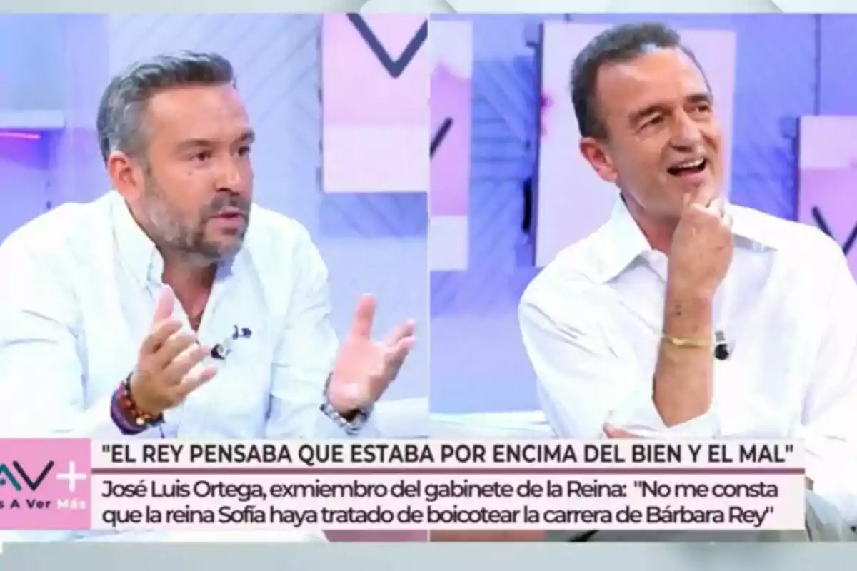 Kike Calleja y Alessandro Lequio conversan en Vamos a ver con un texto en pantalla que menciona al Rey y a la Reina Sofía. Kike Calleja y Alessandro Lequio conversan en Vamos a ver con un texto en pantalla que menciona al Rey y a la Reina Sofía.