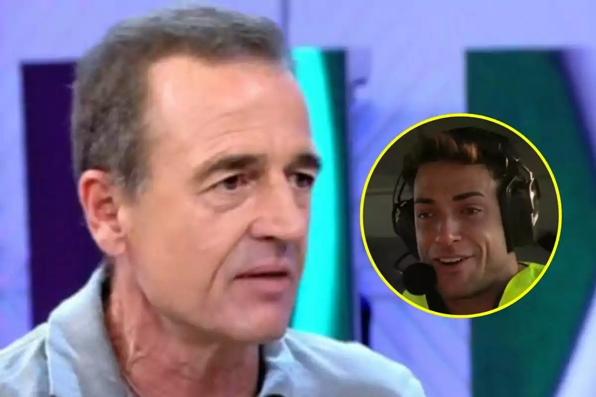 Alessandro Lequio de cabello corto y canoso en Vamos a ver aparece en primer plano, mientras que en un círculo amarillo se muestra a Montoya con auriculares y micrófono en Supervivientes.