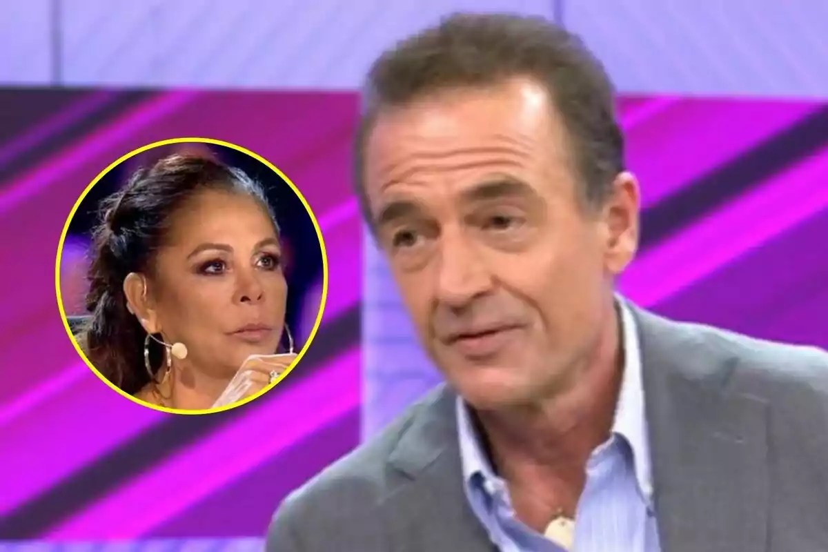 Antonio Rossi en primer plano en Vamos a ver con Isabel Pantoja en un recuadro circular al fondo sobre un fondo de colores morados y rosados.