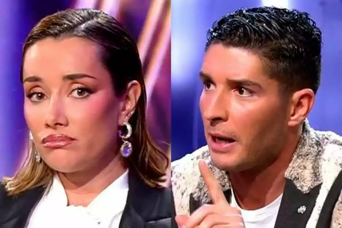 Dos personas en De Viernes, Adara Molinero con expresión seria y Álex Ghita hablando gesticulando con el dedo.