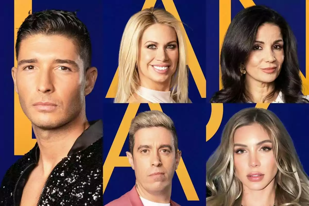 Álex Ghita, Vanessa Bouza, Ana Herminia, Javi Mouzo y Romina Malaspina posan frente a un fondo azul de GH DÚO con letras amarillas.