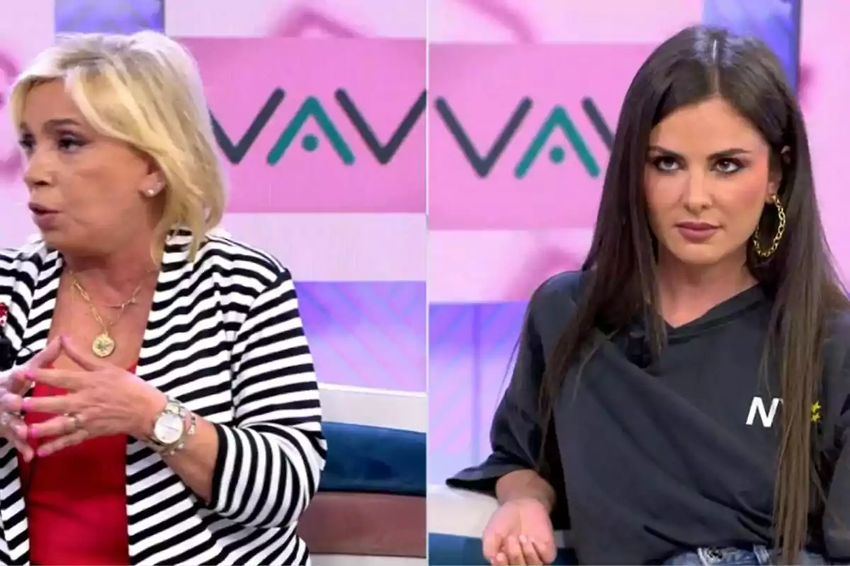 Dues dones a Vamos a ver, Carmen Borrego amb cabell ros i vestida amb una jaqueta de ratlles, i Alexia Rivas amb cabell fosc i una samarreta negra, totes dues assegudes en un plató amb fons rosa. Dues dones a Vamos a ver, Carmen Borrego amb cabell ros i vestida amb una jaqueta de ratlles, i Alexia Rivas amb cabell fosc i una samarreta negra, totes dues assegudes en un plató amb fons rosa.
