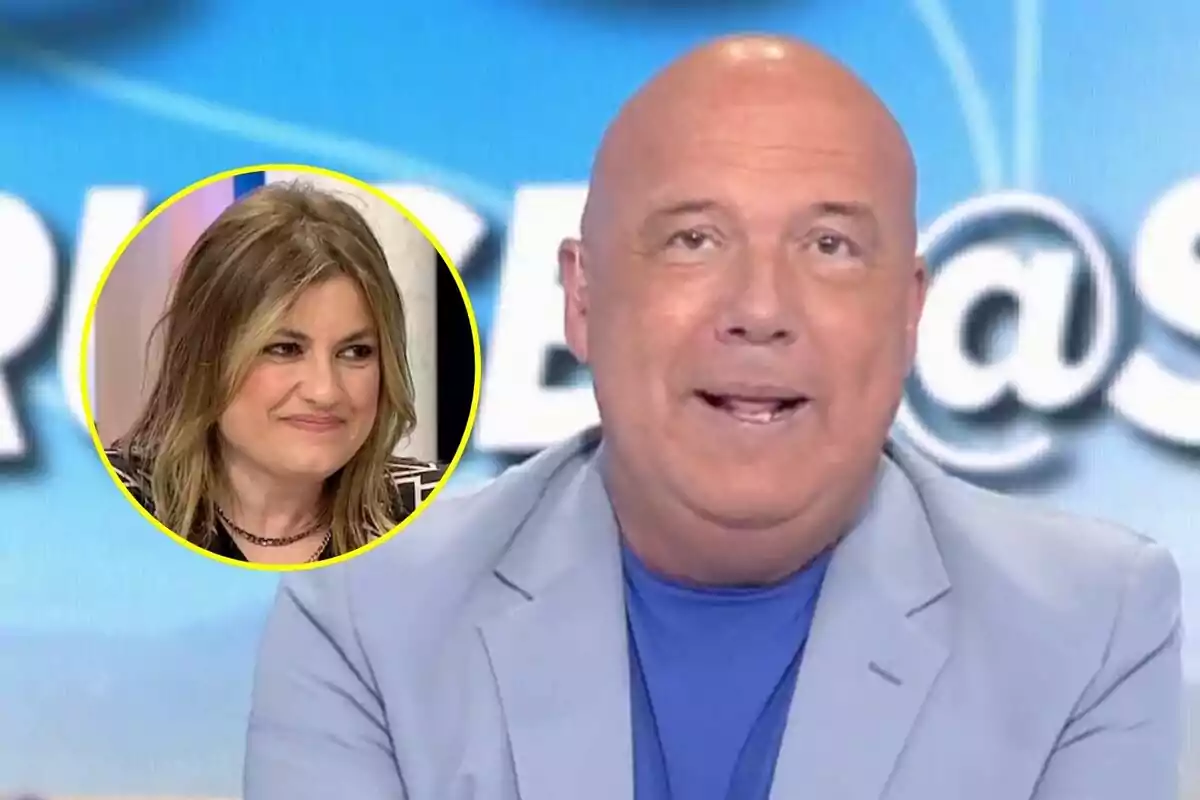 Alfonso Arús calvo con chaqueta azul claro aparece en primer plano hablando en Aruser@s, mientras que en un círculo amarillo se muestra a Lorena Vázquez sonriendo.