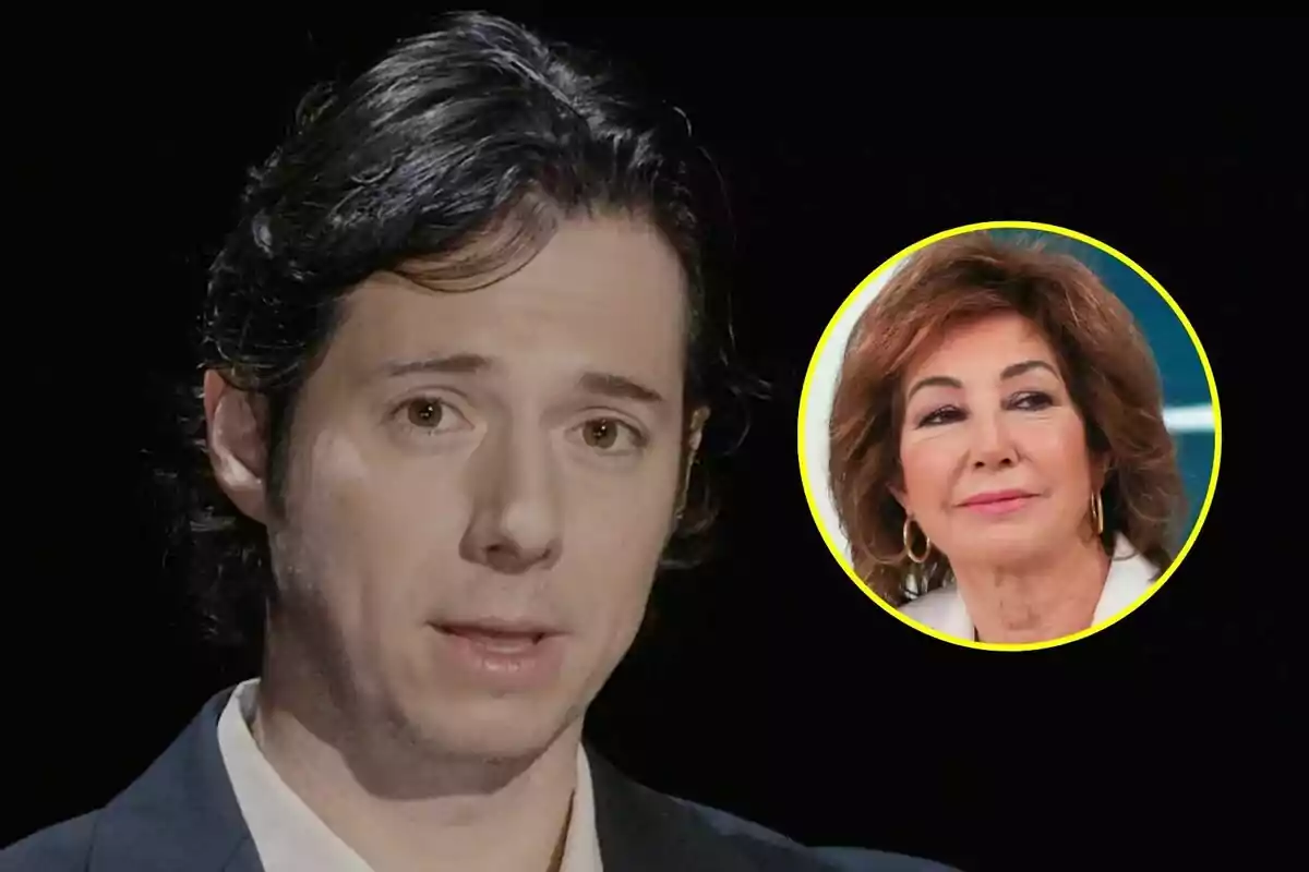 Álvaro Rojo Quintana de cabello oscuro mira hacia adelante con una expresión seria en Mis días en la cárcel, mientras en la esquina superior derecha hay un círculo amarillo con la imagen de Ana Rosa Quintana de cabello castaño y expresión pensativa.