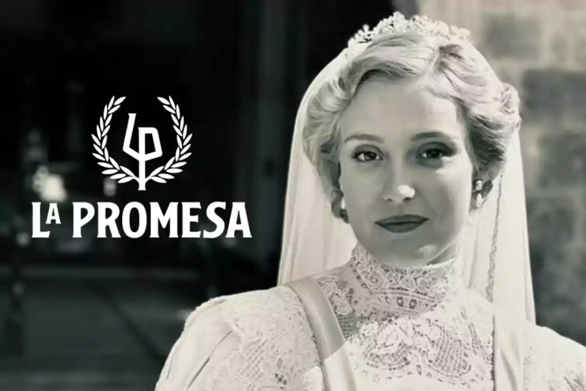 Ana Garcés vestida de núvia amb un vel i una tiara apareix al costat del logotip de "La Promesa" en un fons fosc.