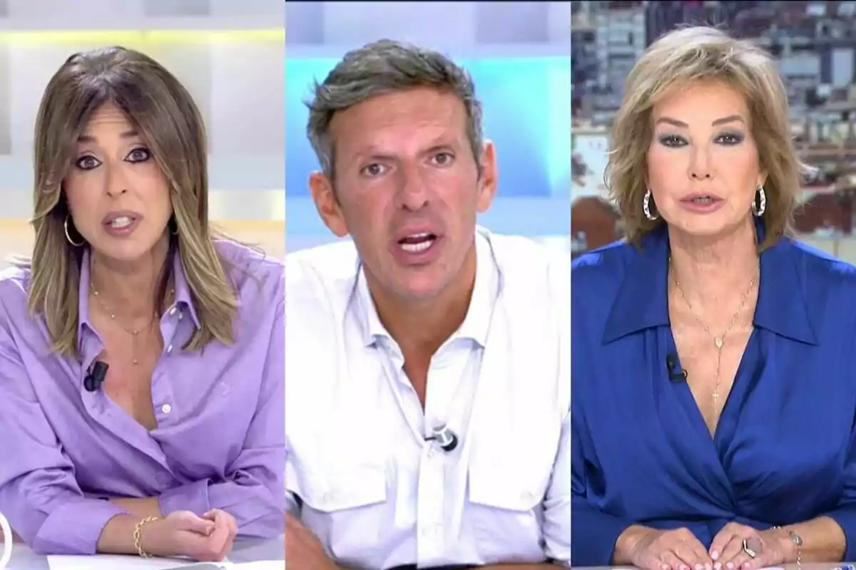 Ana Terradillos, Joaquín Prat y Ana Rosa Quintana en un programa de televisión, cada una en su propio recuadro, con expresiones faciales serias y vestimenta formal.