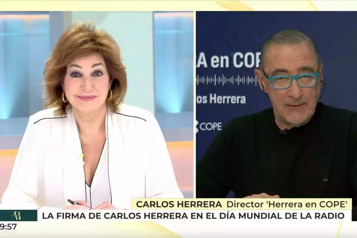 Ana Rosa Quintana y Carlos Herrera en una videollamada en un programa de televisión, con un texto en la parte inferior que menciona Ana Rosa Quintana y Carlos Herrera en una videollamada en un programa de televisión, con un texto en la parte inferior que menciona